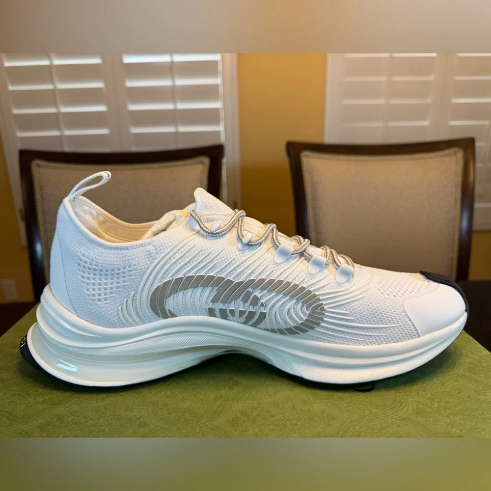 New Authentic Gucci Run GG Logo Sneakers Shoes White Gray Size UK 12 / US 12.5 - Picture 9 of 16